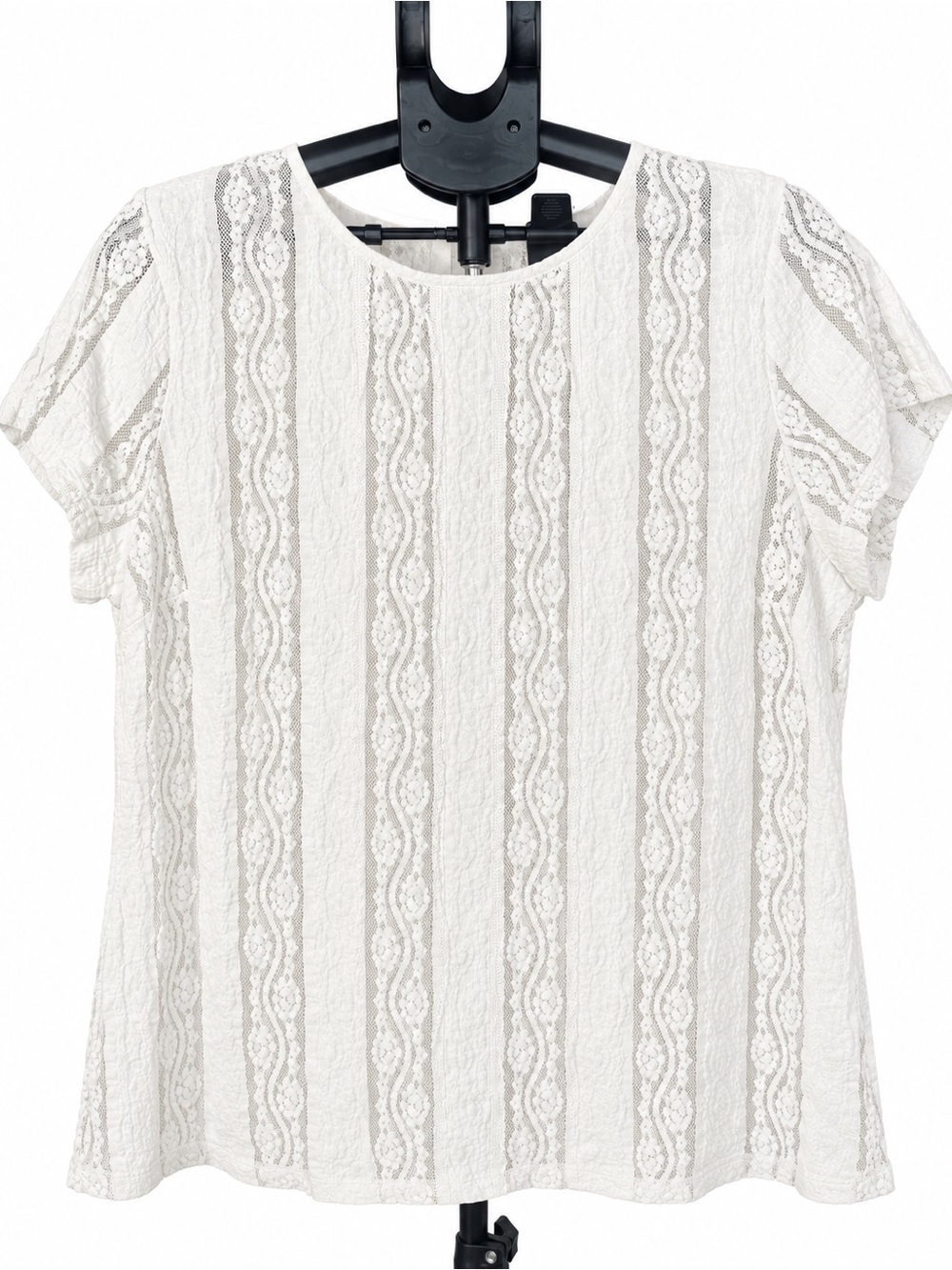 Cabi XL White Lace Blouse Short Sleeve Textured Keyhole Back Top